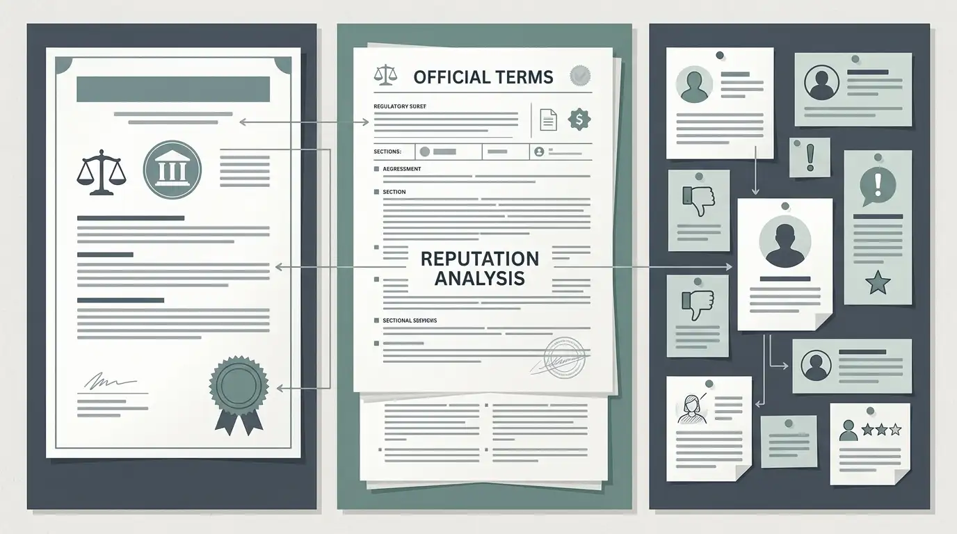 Illustration separating regulator records, official terms and user complaint reports
