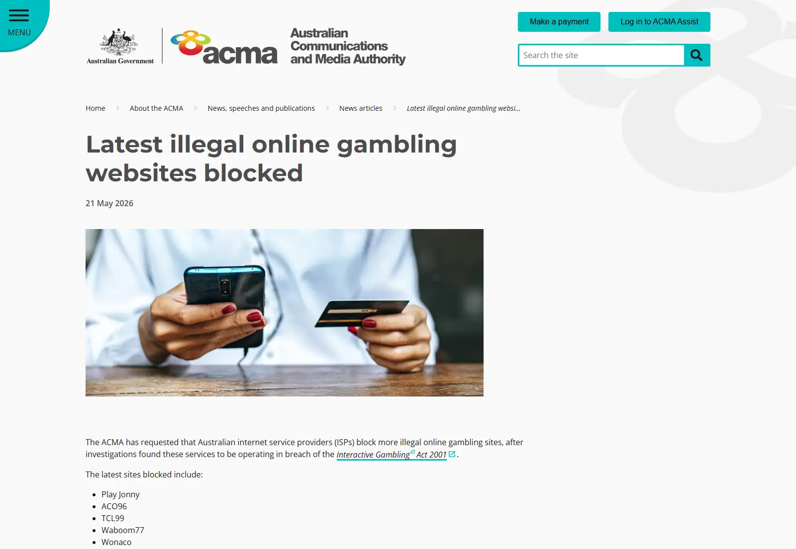 ACMA notice dated 21 May 2026 naming Wonaco among websites selected for ISP blocking