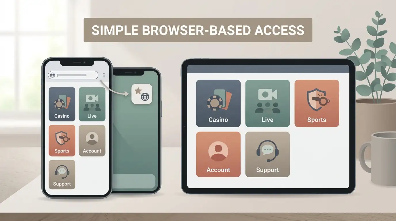 Illustration of a smartphone and tablet showing generic mobile casino navigation without a real app interface