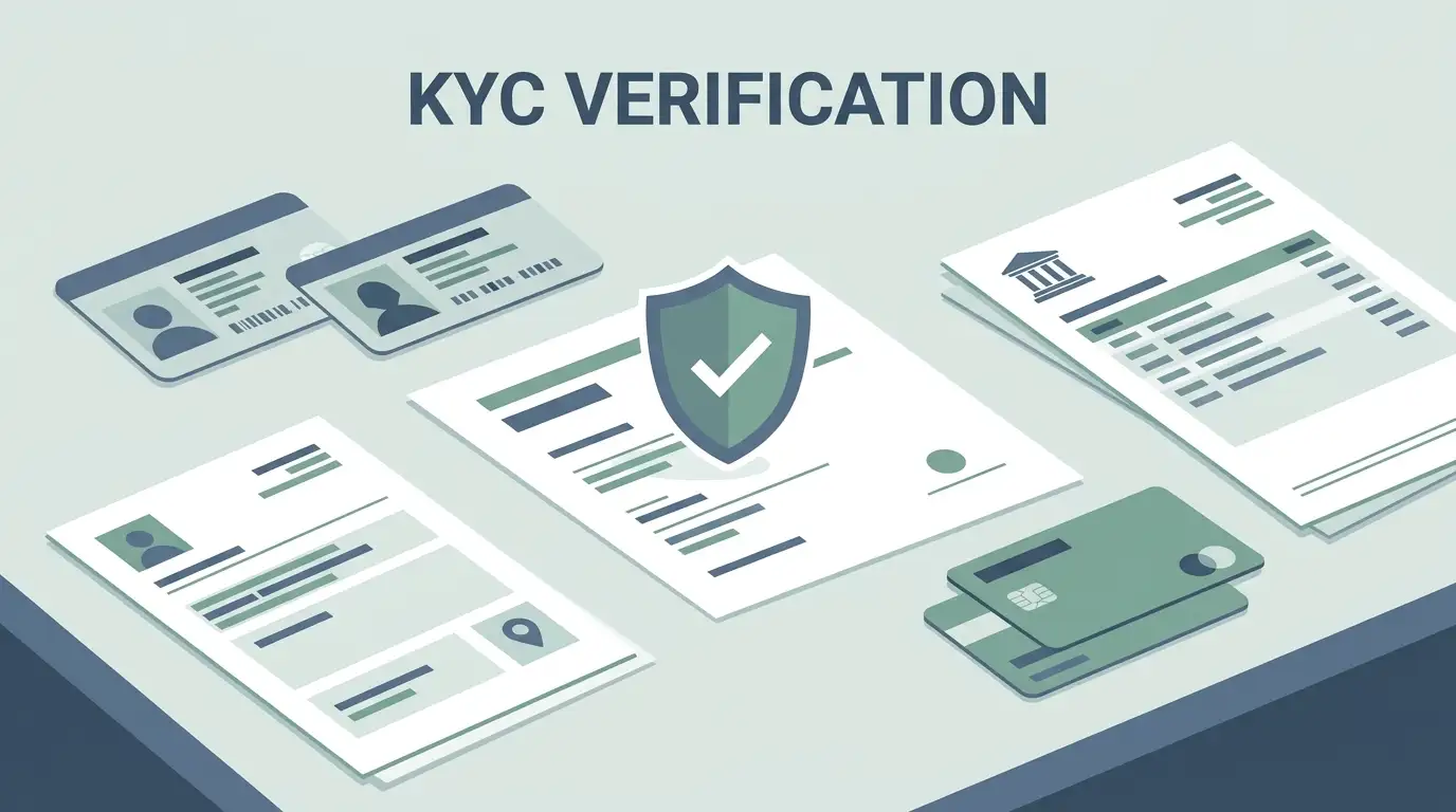 Privacy-conscious illustration of identity, address and payment verification documents with no real personal information