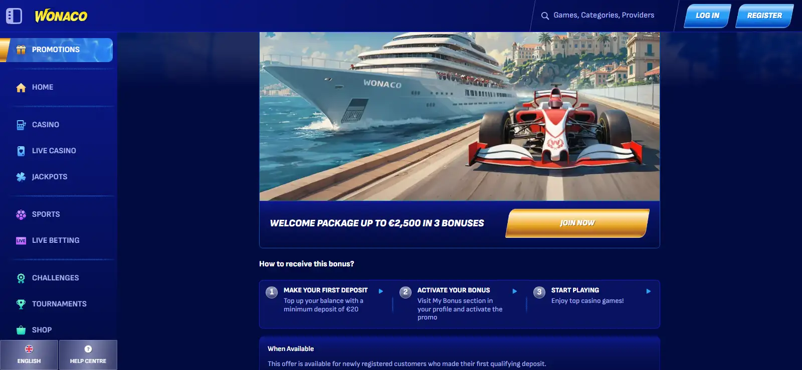 Current Wonaco casino welcome-bonus terms showing AUD values and the three-deposit structure