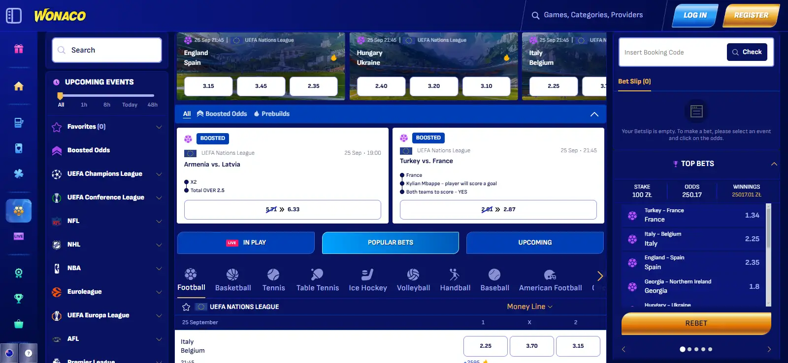 Wonaco AU sportsbook interface showing current sports navigation