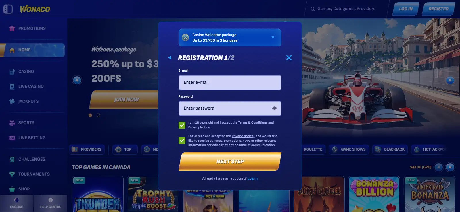 Wonaco registration or account interface shown without personal information