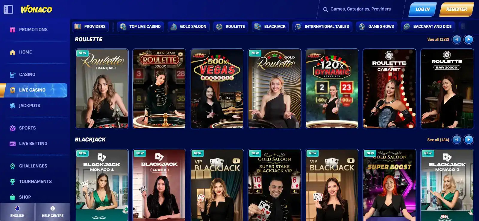 Current Wonaco live casino lobby showing roulette, blackjack and baccarat-style live games
