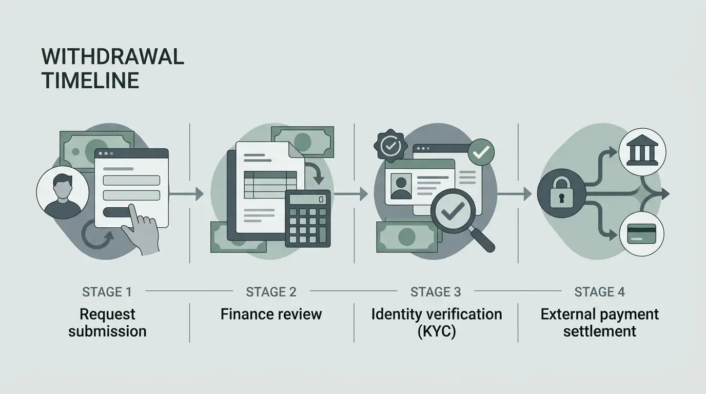 Withdrawal timeline showing request, finance review, verification and external settlement stages in Australian dollars