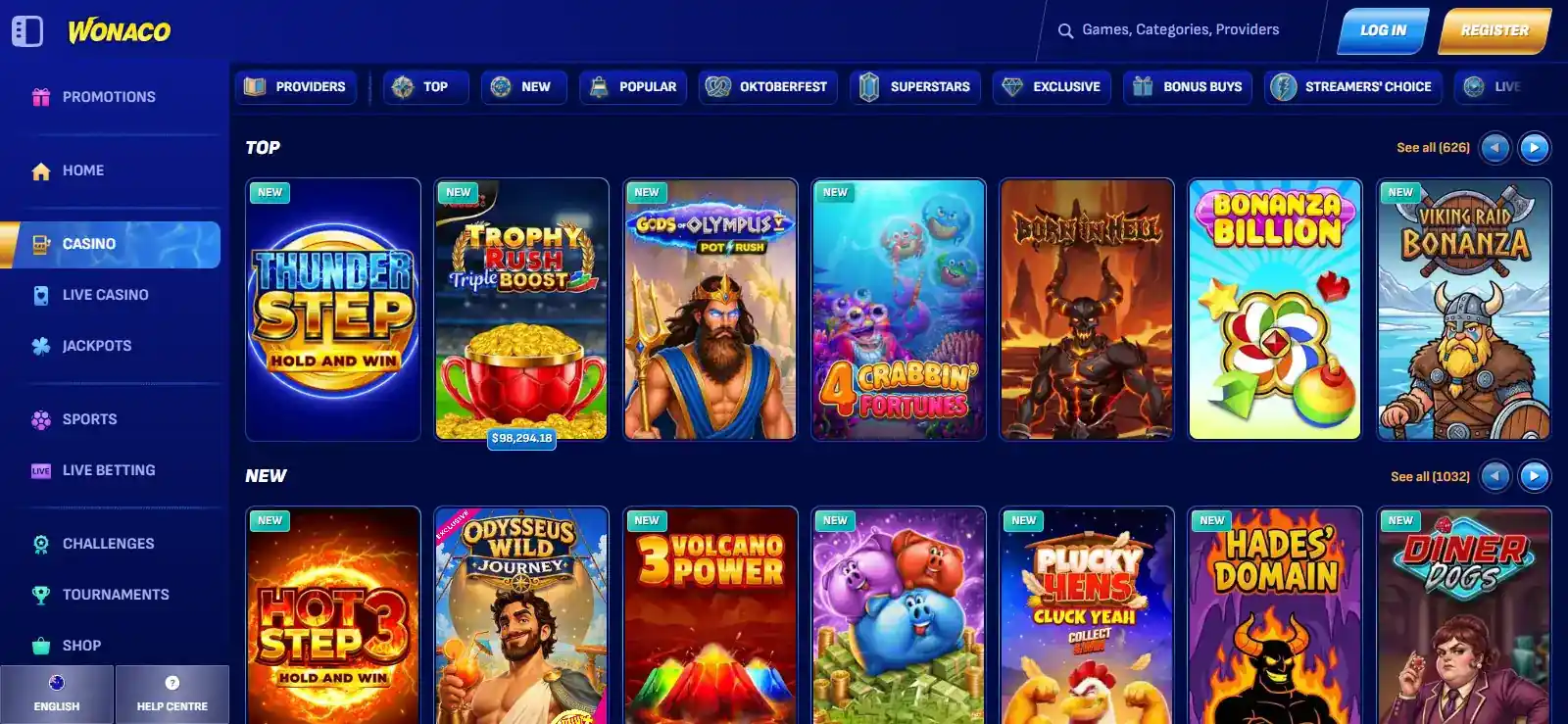Wonaco's AU game lobby showing pokies, live games, table games and jackpot category navigation
