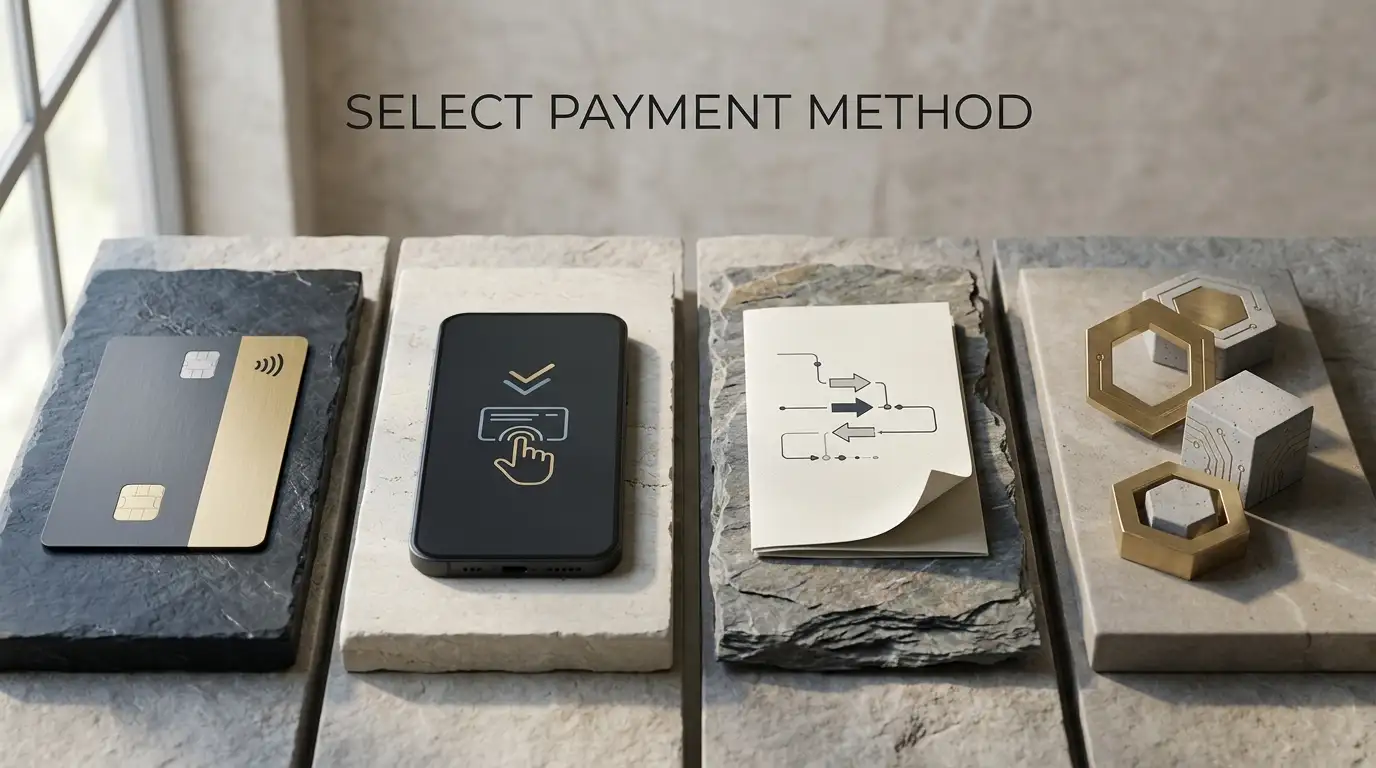Conceptual illustration of cards, e-wallets, bank payments and cryptocurrency choices without brand logos